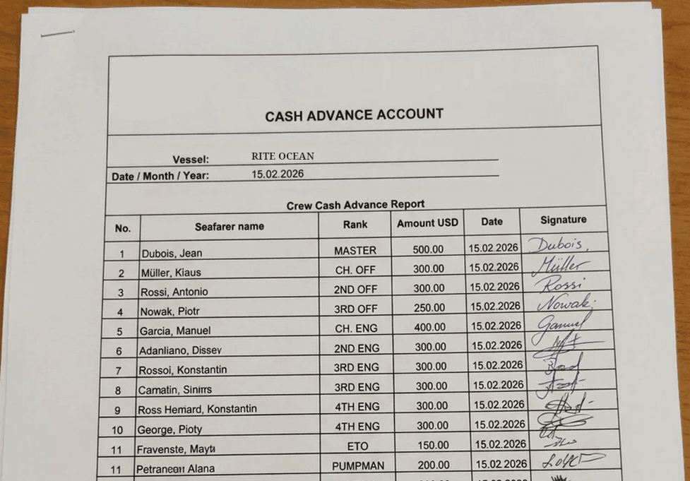 Cash Advance import in RiteCrew vessel PDF parsed into structured transactions ready to post to payroll