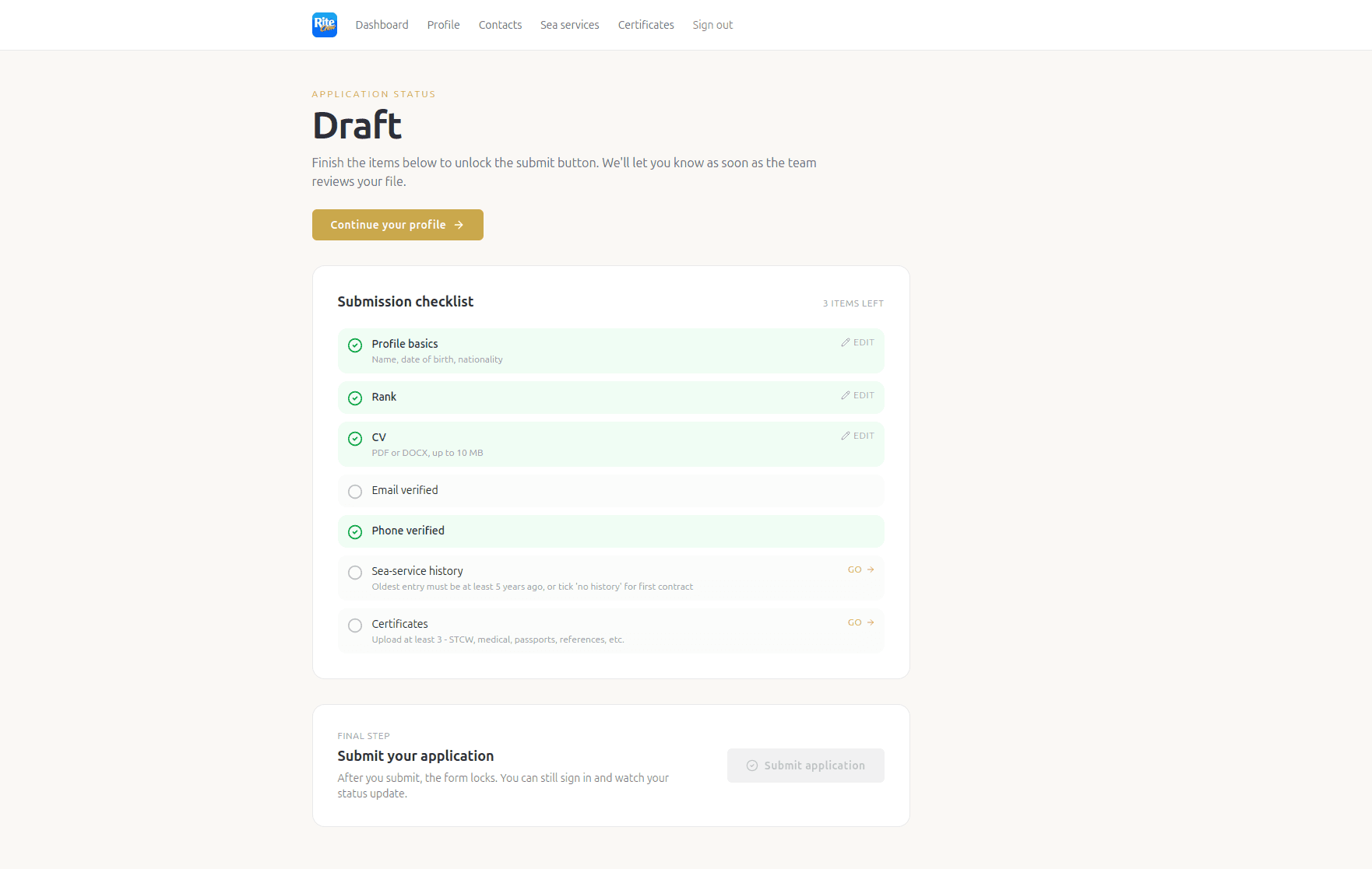 RiteCrew Apply applicant dashboard - submission checklist with profile, rank, CV, verification, sea-service and certificates
