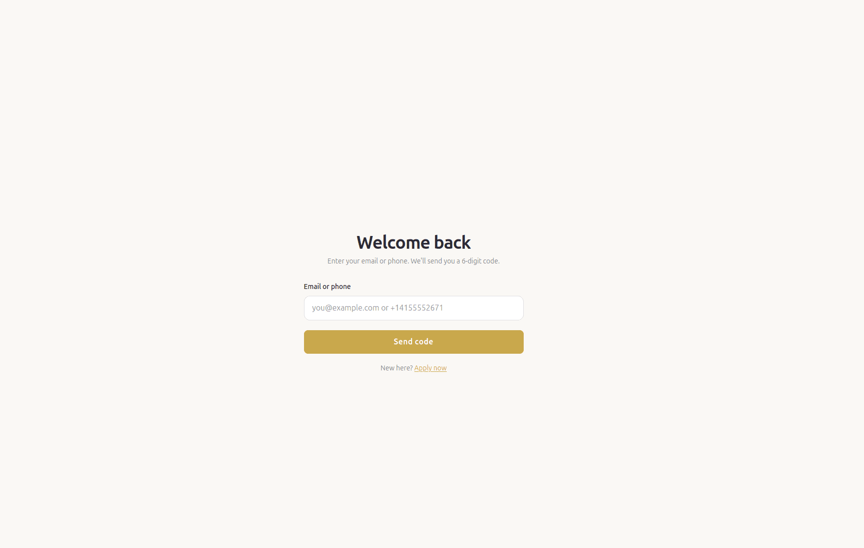 RiteCrew Apply passwordless sign-in screen - email or phone, 6-digit code